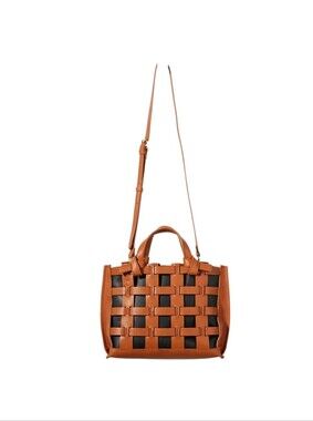 Anthropologie Rio Tote Bag in Brown Woven Cage with Black inner pouch crossbody